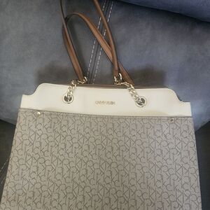 Calvin Klein Women's Gray and White Tote Bag